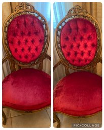Pair Of Red Velvet Gold Wood Accent Chairs