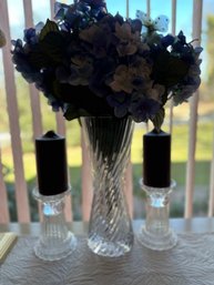 Glass Candleholders And Tall Vase.
