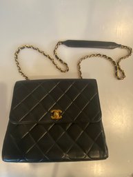 Chanel Quilted Leather Handbag, Chain Strap, Black With Box And Pouch
