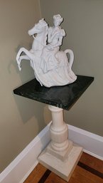 Vintage Bisque Lady On Horse With Marble Pedestal
