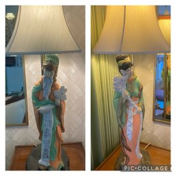 Pair Of Hand Painted Japanese Figural Table Lamps