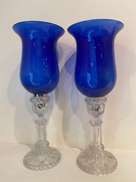 Blue Glass Hurricane Candle Holders