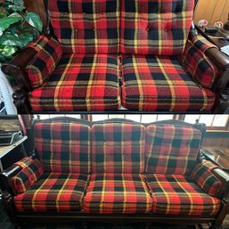 Midcentury Spindle Back Red Plaid Sofa And Loveseat