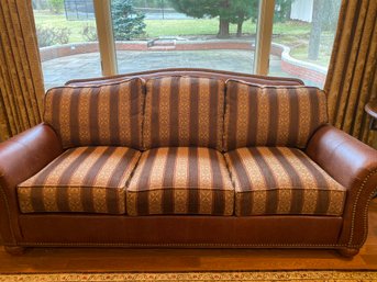 Ethan Allen Brown Leather Sofa With Upholstered Cushions