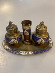 Enamel And Brass Salt Pepper Tray Set
