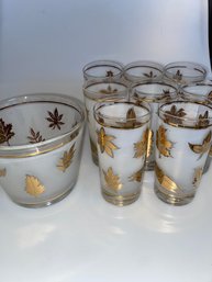 Vintage Set Of 8 Mid Century Signed G. Reeves Frosted Gold Leafs Glasses & Ice Bucket