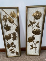 Vintage Rose & Leaf Pressed Metal Plaques / Mid Century Wall Hanging