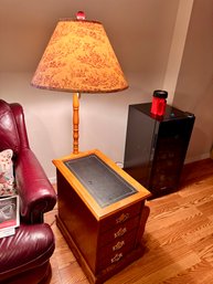 Vintage Solid Wood End Table With Attached Lamp, Magazine/Book Holder