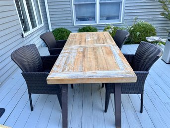 Teak Table With 4 Resin Wicker Chairs (note Warped Spot)