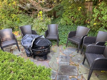 Fire Pit With Cover And 6 Resin Wicker Chairs