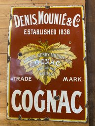Antique DENIS MOUNIE& Co Cognac Metal Sign & Bottle