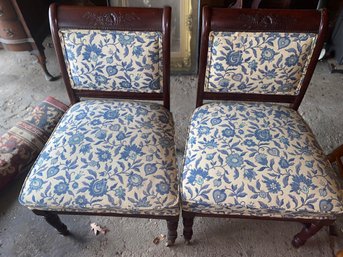 Pair Of Vintage Blue & White Floral Upholstered Chairs