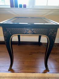 Drexel Painted Black, Gold Floral End Table Glass Top