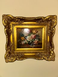 Painted On Wood Floral Bouquet In Ornate Gold Frame