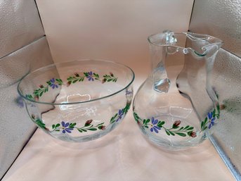 Glass Pitcher Handle And Bowl With Floral Pink Rose Bud Green Leaves Blue Flowers Tea Rose