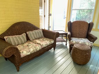 Carved Wood & Rattan Patio Set/ 4 Pieces