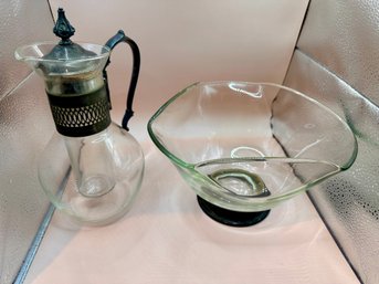 Vintage Glass Coffee,Tea,Water Carafe With Silver Plated Handle, Large Glass Bowl