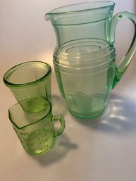 Green Glass Pitcher, Measuring  Cups