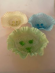 Fenton / Federal Colored Rippled Glass Footed Bowls
