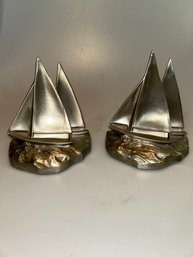 Pair Of Vtg Sailboat Bookends PMC Cast Metal Nautical Brass Finish