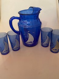 Hazel Atlas Sailboat Cobalt Blue Pitcher & Glasses