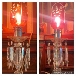 Set Of 2 Etched Crystal Cranberry Glass Lamps