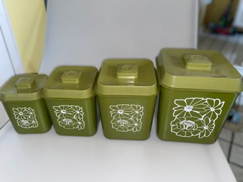 70s Vintage Avocado Green White Flowers Floral Plastic Nesting Canister Set