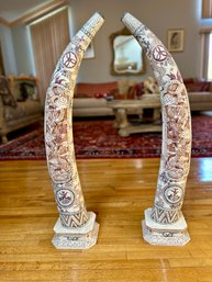 Pair Of Large Asian Bone Tusks.  Not Genuine Tusks, Made From Pieces Of Bovine Bones