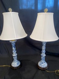 Pair Of Blue & White Floral Table Lamps A