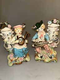 2 Vintage Royal Sealy Bud Vases Boy & Girl Playing Instruments