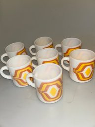 Set Of 7 Vintage Geometric Orange And Yellow Milk Glass Coffee Mugs