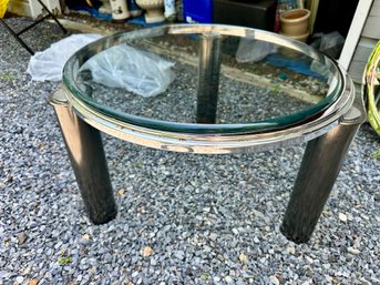 Chrome And Glass Small Round Table With Wheels