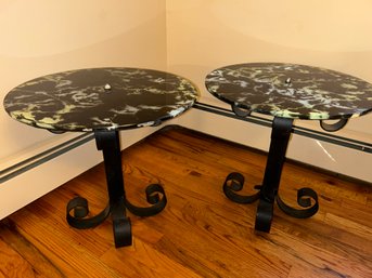 Pair Of Wrought Iron & Black Glass Swirl Top Tables