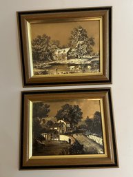 Vtg Currier And Ives Roadside Mill & Farm  Gold Foil Metallic Prints