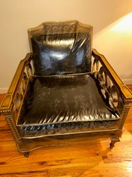 Vintage Carved Arm Chair With Plush Black Velvet Upholstery