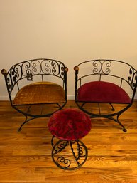 Pair Of Elegant Iron Barrel Shaped Chairs & Footstool