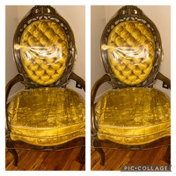 French Provincial Arm Chairs With Gold Crushed Velvet Upholstery, Vintage