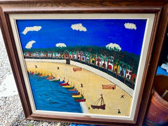 Signed Folk Art Style Oil Painting Beach Scene