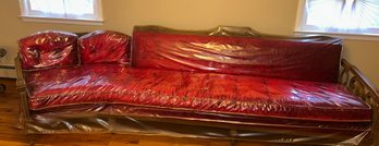 Retro Carved Wood & Crushed Red Velvet Upholstered Sofa