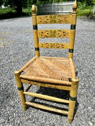 Vintage Folk Art Hand Painted Chair With Woven Seat