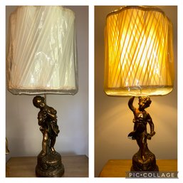 Pair Of Figural Painted Gold Cherub Lamps, Vintage