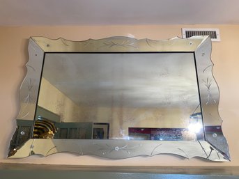 Large Vintage Scalloped Edge Venetian Style Art Deco Floral Etched Mirror