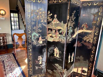 Antique Black Lacquer Oriental Screen / Room Divider