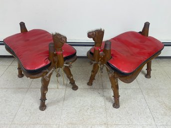 Vintage Camel Saddle Stools Carved Wood Black/Red Cushions - A Pair