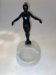 Art Deco Cast Iron With Black Enamel Paint Statue Of Nude Female Attached To Frosted Glass Ashtray Base.