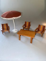 Lundby Original Parasol, 1970s With Patio Chairs, Table - Dollhouse