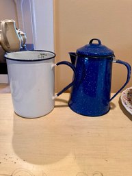 Vintage Blue Speckled Enamel Coffee Pot, Enamel Measuring Vessel (2 Pieces)