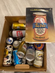 Box Of Assorted Collectible Beer Cans & Book