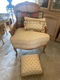 Wicker & Wood Upholstered Arm Chair With Coordinating Ottoman & Pillows