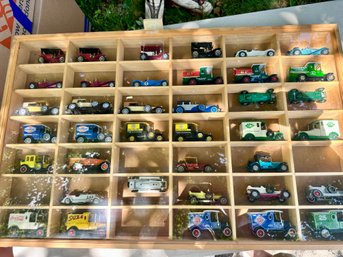 Lot Of 38 Matchbox / Lesney Cars In Wooden Case With Plexiglass Cover (Rose's Lime Juice, BP...)